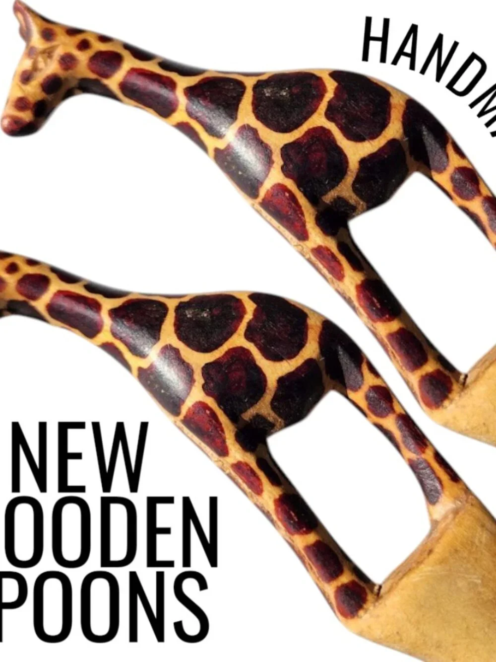 New Hand Carved Wood Giraffe Fork Spoon Serving Set Safari African Folk Art Home